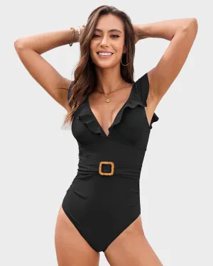 Ruched Swimsuit with Deep V Neckline, Ruffled Sleeves, and Belt Detail
