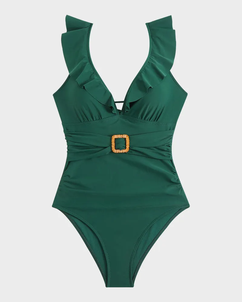 Ruched Swimsuit with Deep V Neckline, Ruffled Sleeves, and Belt Detail