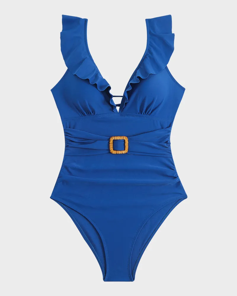 Ruched Swimsuit with Deep V Neckline, Ruffled Sleeves, and Belt Detail