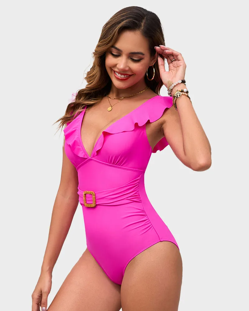 Ruched Swimsuit with Deep V Neckline, Ruffled Sleeves, and Belt Detail