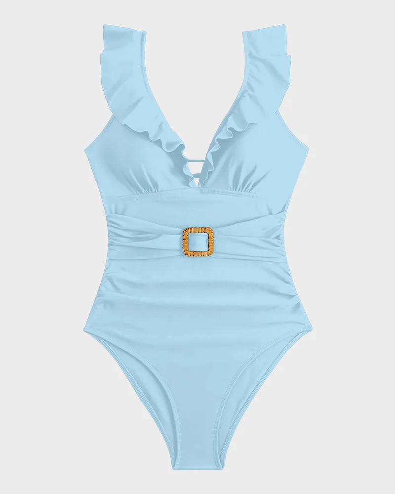 Ruched Swimsuit with Deep V Neckline, Ruffled Sleeves, and Belt Detail