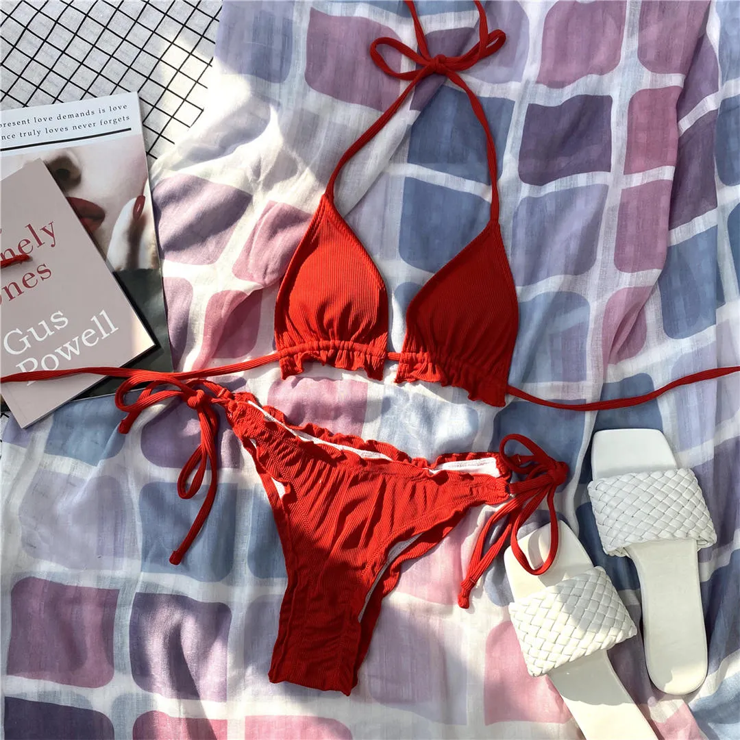 Ruffled Frilled Brazilian Bikini Women Swimwear Female Swimsuit Two-pieces Bikini set Halter Bather Bathing Suit Swim Lady V2817