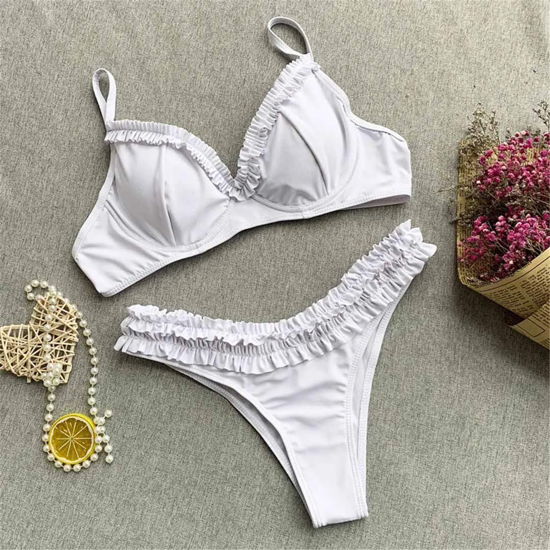 Ruffled Frilled Underwire Bra Cup Bikini Women Swimwear Female Swimsuit Two-pieces Bikini set Bather Bathing Suit Swim V2965