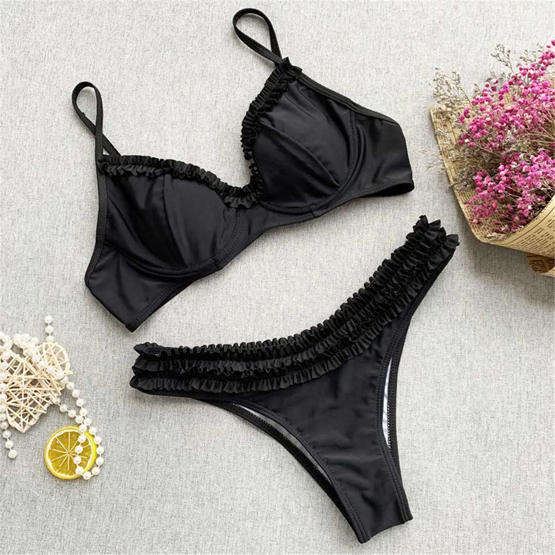 Ruffled Frilled Underwire Bra Cup Bikini Women Swimwear Female Swimsuit Two-pieces Bikini set Bather Bathing Suit Swim V2965