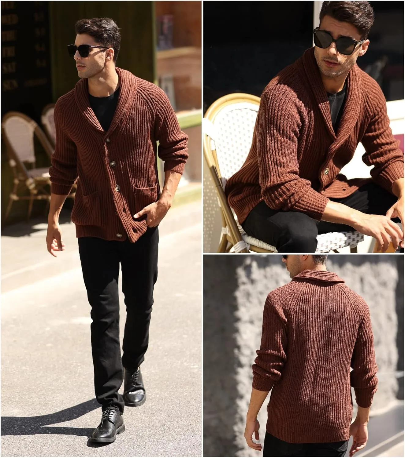 Ryannology Mens Shawl Neck Cardigan Sweater Cable Knit Zip Up Closure with Pockets Winter Sweaters Outerwear