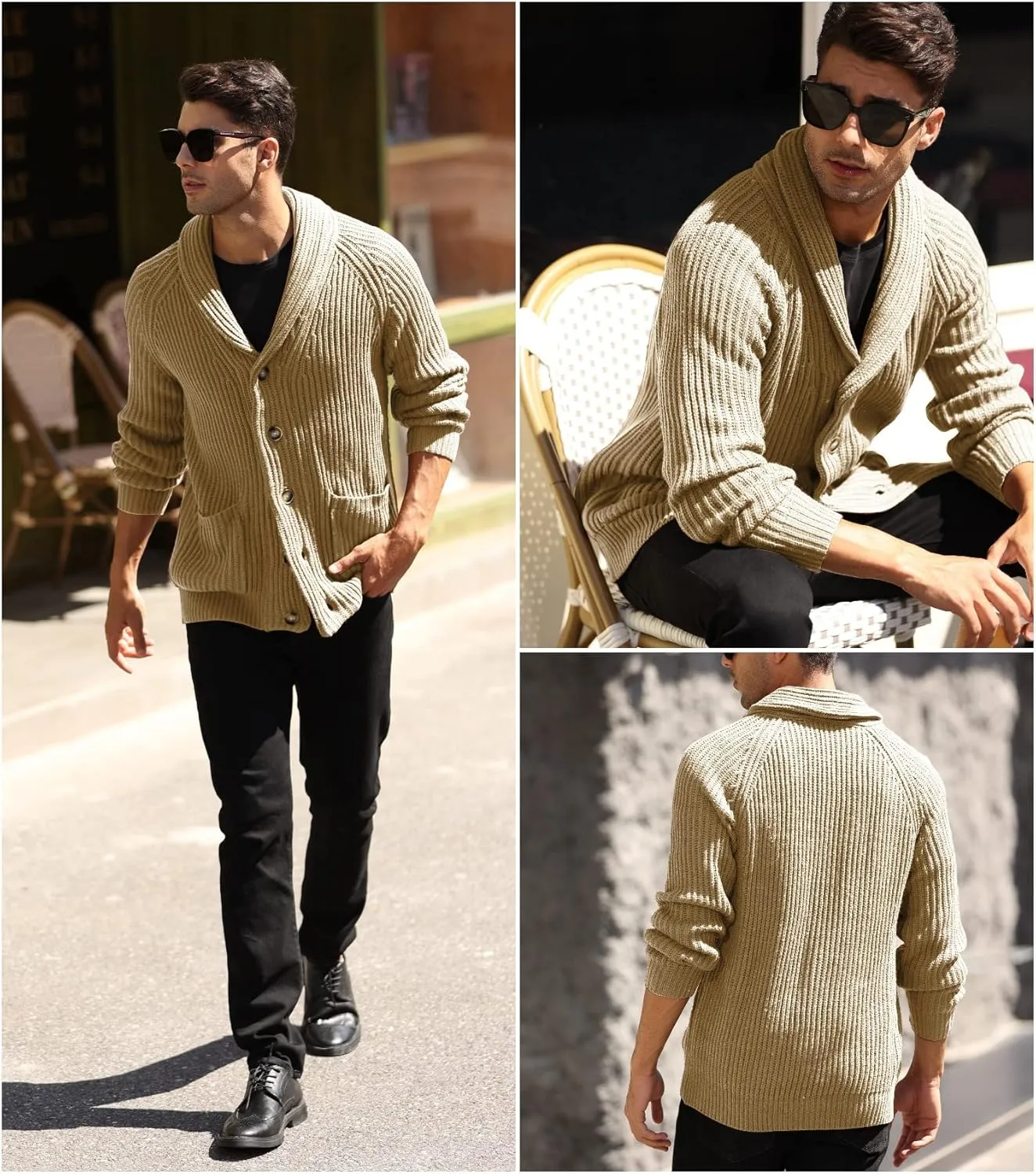 Ryannology Mens Shawl Neck Cardigan Sweater Cable Knit Zip Up Closure with Pockets Winter Sweaters Outerwear
