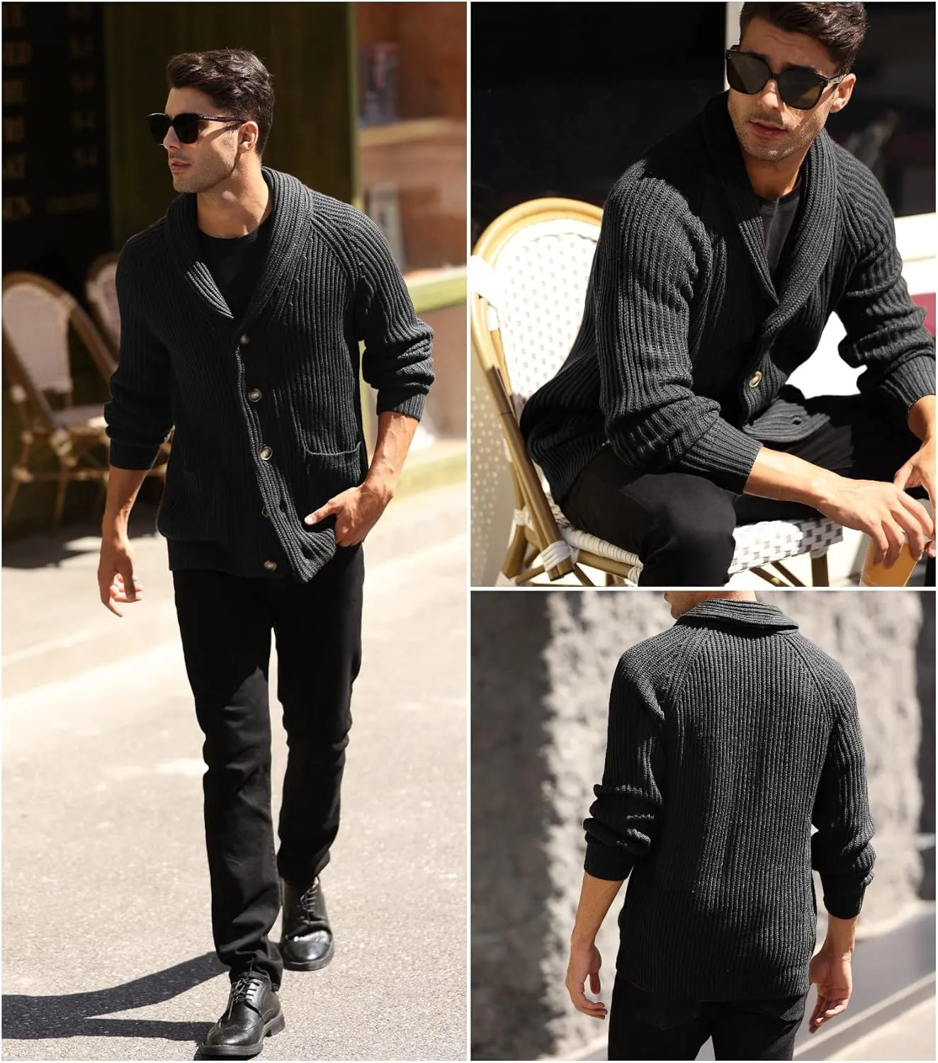 Ryannology Mens Shawl Neck Cardigan Sweater Cable Knit Zip Up Closure with Pockets Winter Sweaters Outerwear