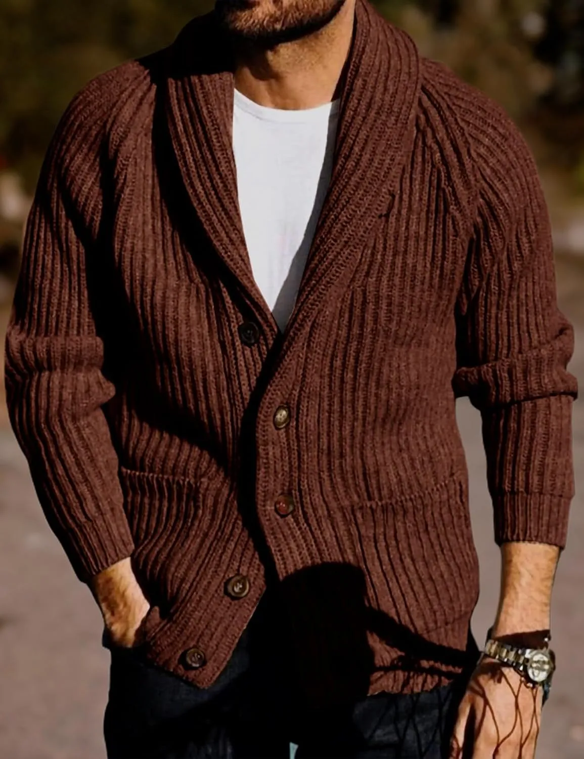 Ryannology Mens Shawl Neck Cardigan Sweater Cable Knit Zip Up Closure with Pockets Winter Sweaters Outerwear