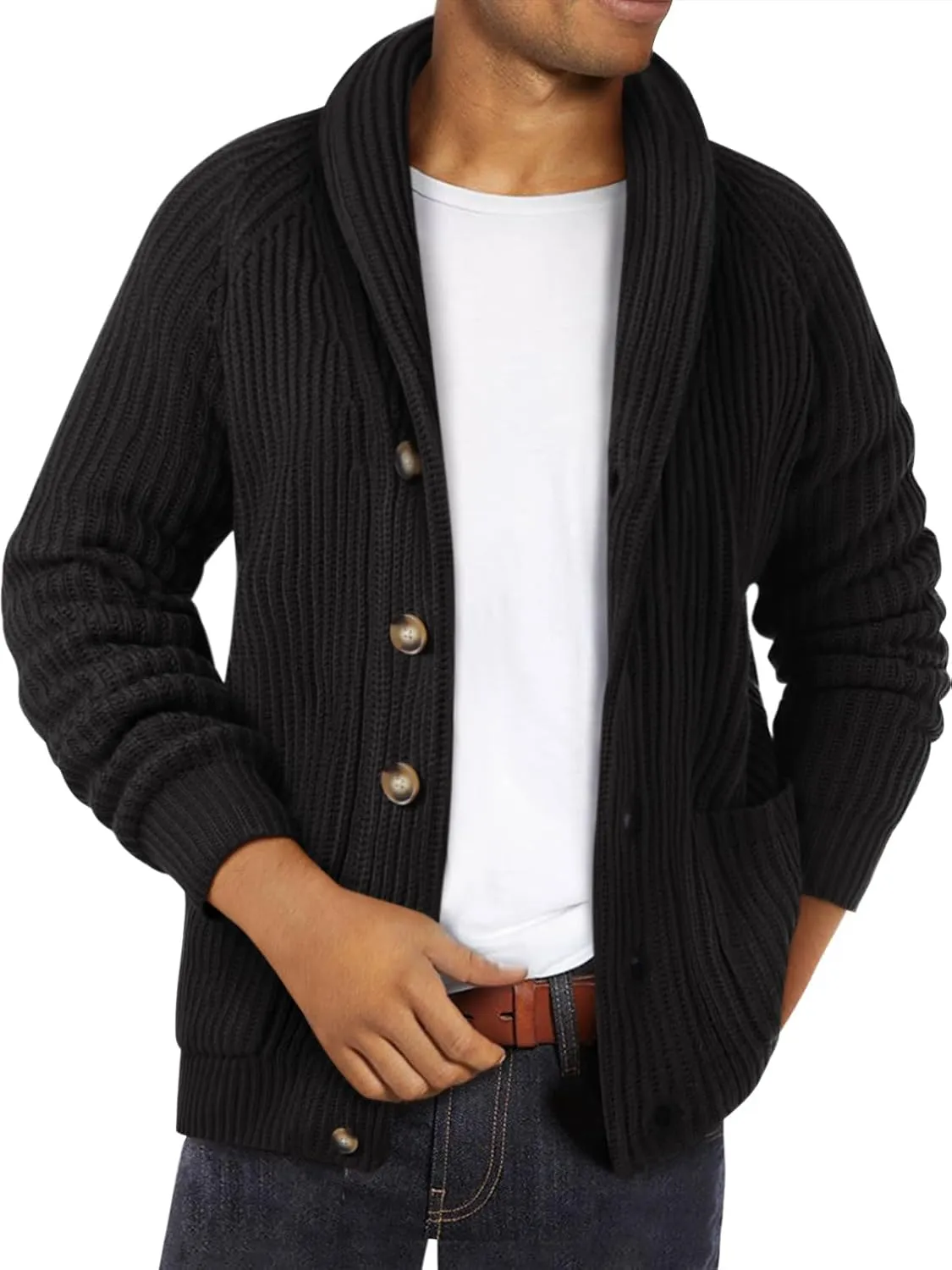 Ryannology Mens Shawl Neck Cardigan Sweater Cable Knit Zip Up Closure with Pockets Winter Sweaters Outerwear