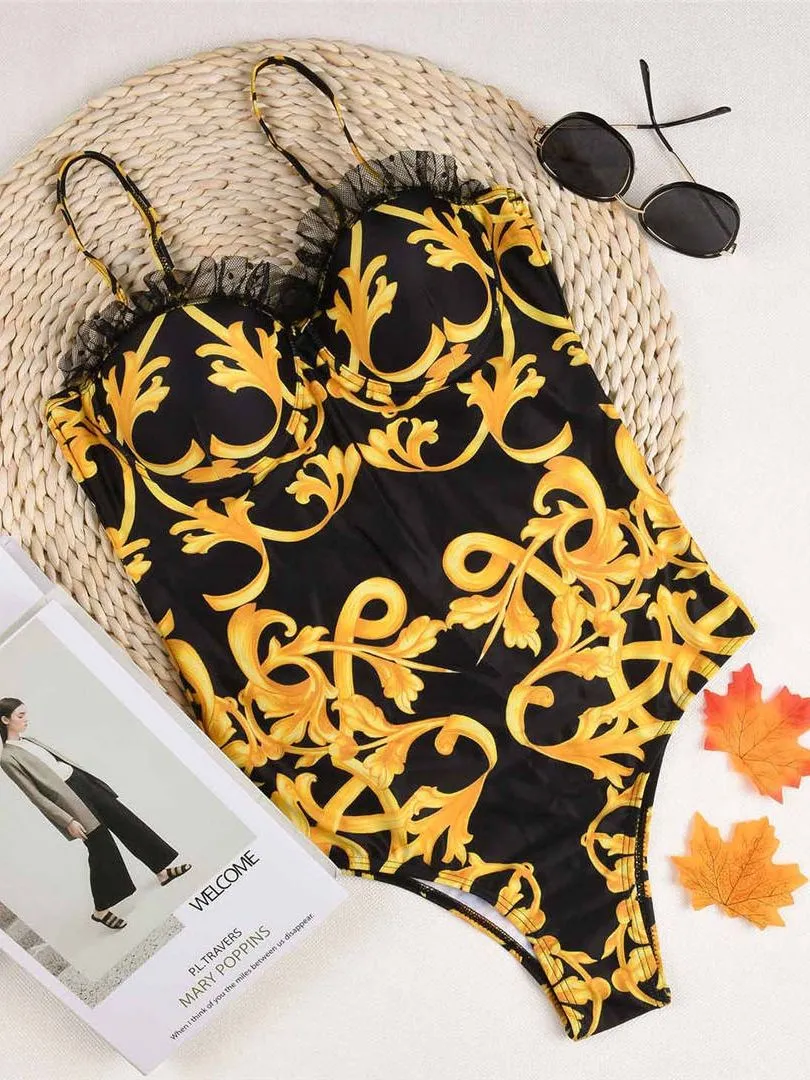 S - XL Sexy Printed Bra Cup Push Up One Piece Swimsuit Women Swimwear Female Lace Ruffled Frilled Bather Bathing Suit Swim V2851