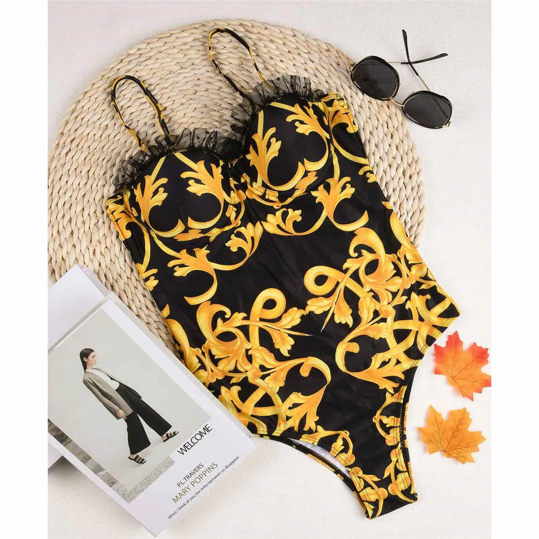 S - XL Sexy Printed Bra Cup Push Up One Piece Swimsuit Women Swimwear Female Lace Ruffled Frilled Bather Bathing Suit Swim V2851
