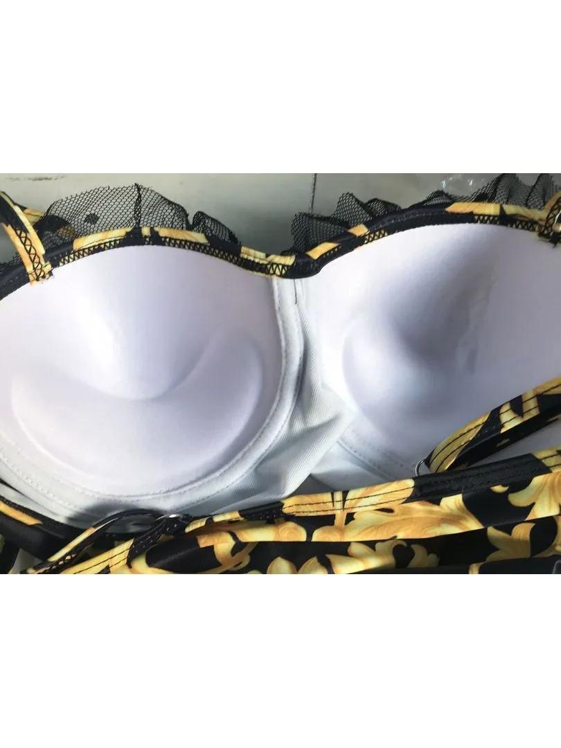S - XL Sexy Printed Bra Cup Push Up One Piece Swimsuit Women Swimwear Female Lace Ruffled Frilled Bather Bathing Suit Swim V2851