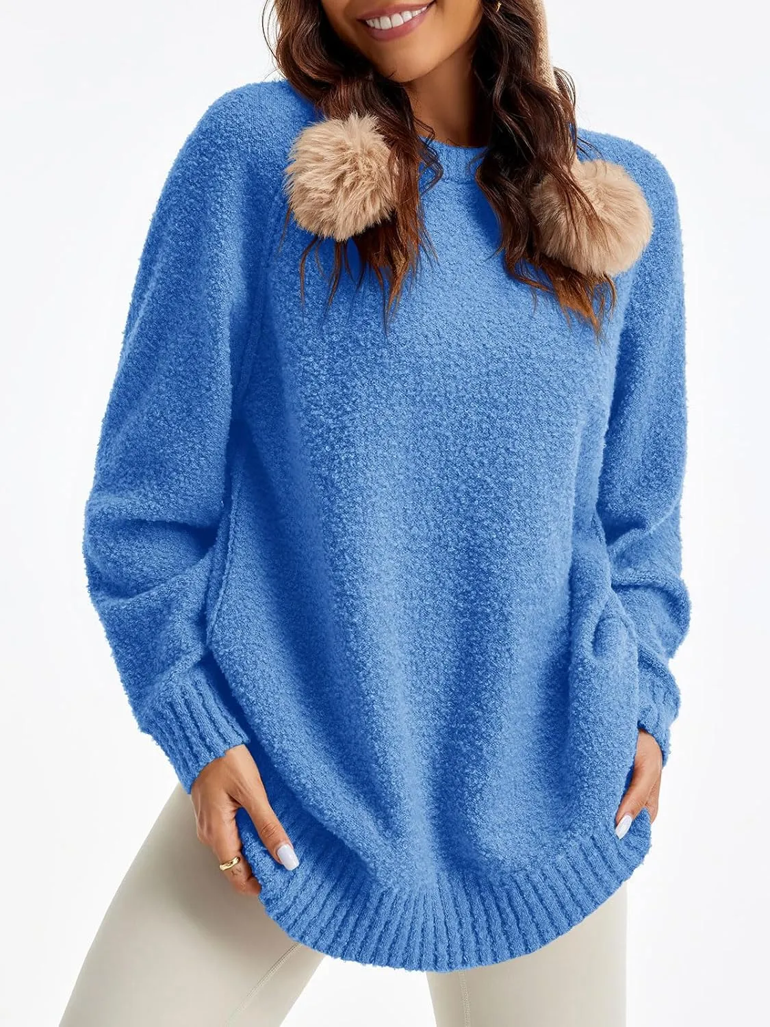 Saodimallsu Womens Oversized Sweater 2024 Fall Trendy Fuzzy Crew Neck Long Sleeve Casual Tunic Sweaters