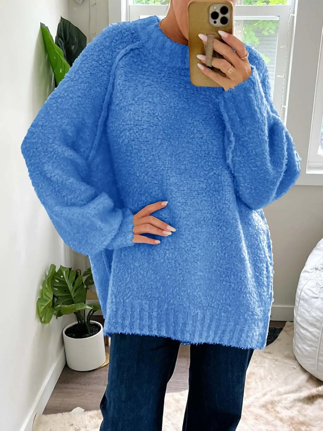 Saodimallsu Womens Oversized Sweater 2024 Fall Trendy Fuzzy Crew Neck Long Sleeve Casual Tunic Sweaters