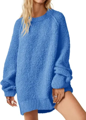 Saodimallsu Womens Oversized Sweater 2024 Fall Trendy Fuzzy Crew Neck Long Sleeve Casual Tunic Sweaters