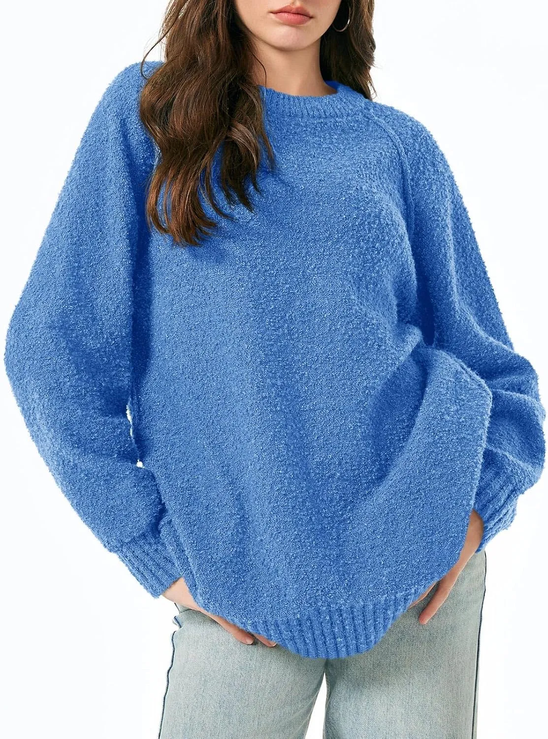 Saodimallsu Womens Oversized Sweater 2024 Fall Trendy Fuzzy Crew Neck Long Sleeve Casual Tunic Sweaters