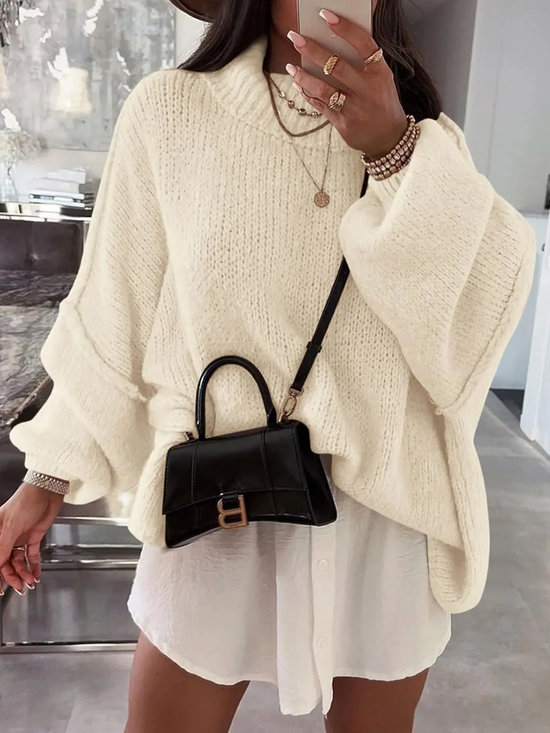Saodimallsu Womens Oversized Sweaters Mock Neck Batwing Long Sleeve 2024 Fall Trendy Ribbed Knit Casual Tunic Sweater