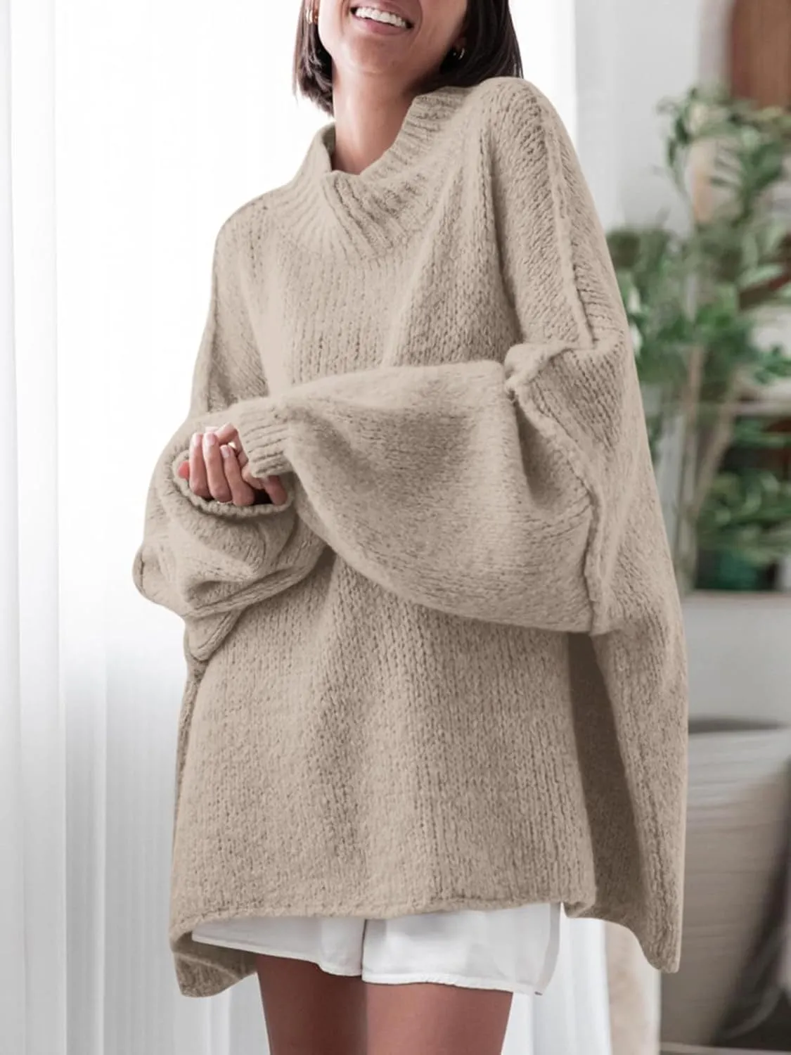 Saodimallsu Womens Oversized Sweaters Mock Neck Batwing Long Sleeve 2024 Fall Trendy Ribbed Knit Casual Tunic Sweater