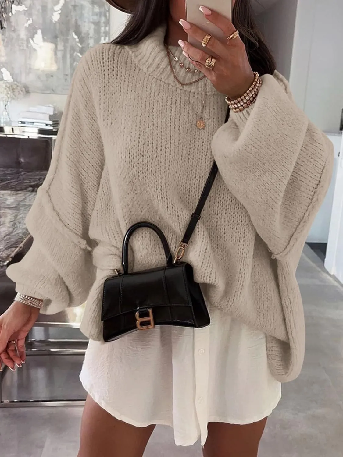 Saodimallsu Womens Oversized Sweaters Mock Neck Batwing Long Sleeve 2024 Fall Trendy Ribbed Knit Casual Tunic Sweater