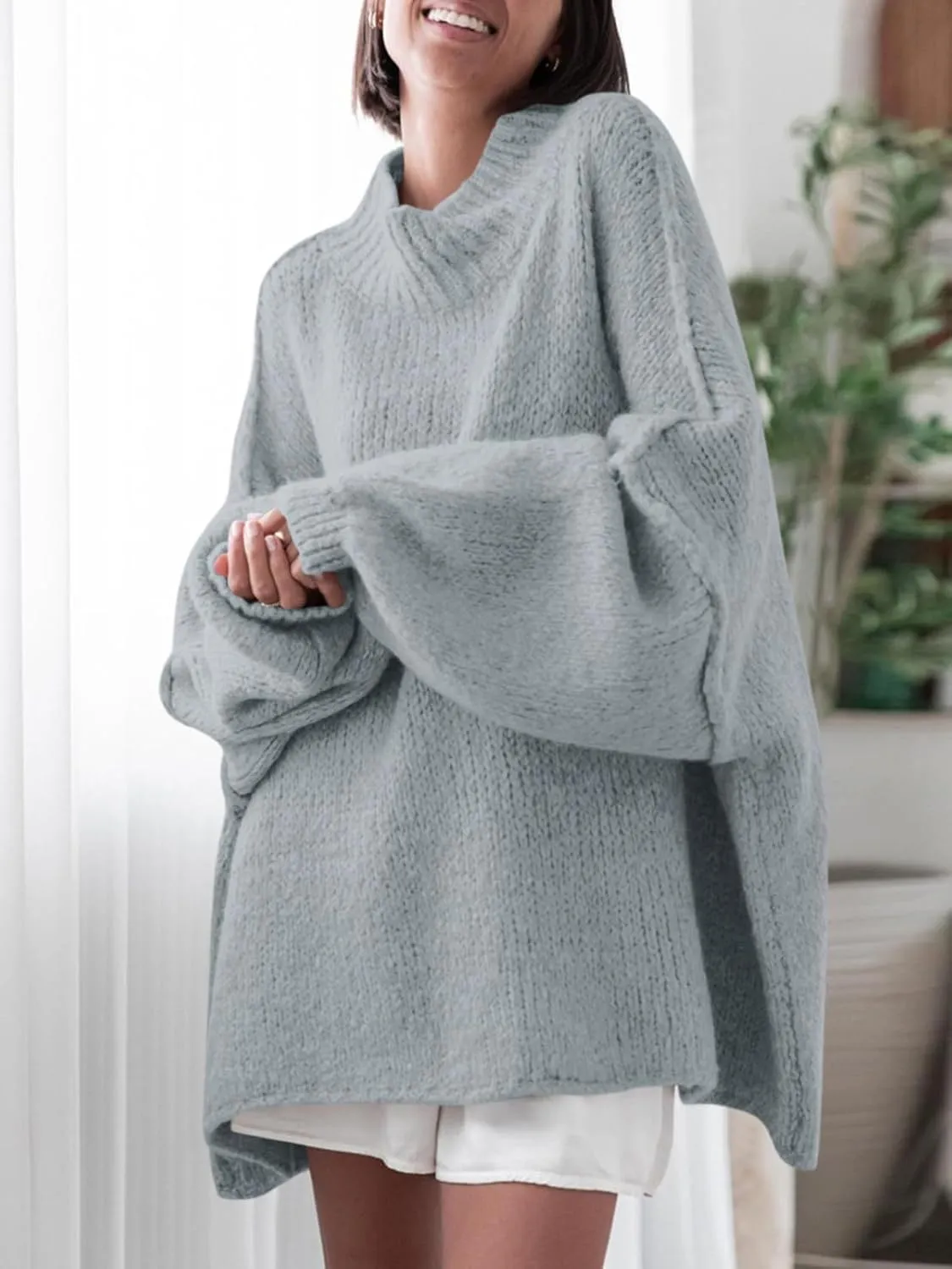 Saodimallsu Womens Oversized Sweaters Mock Neck Batwing Long Sleeve 2024 Fall Trendy Ribbed Knit Casual Tunic Sweater