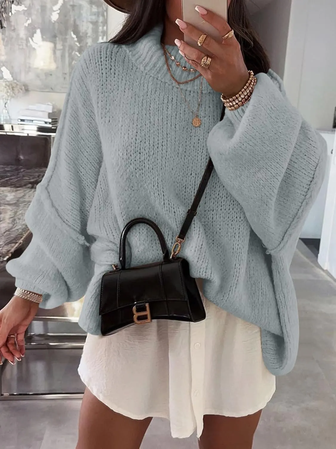 Saodimallsu Womens Oversized Sweaters Mock Neck Batwing Long Sleeve 2024 Fall Trendy Ribbed Knit Casual Tunic Sweater