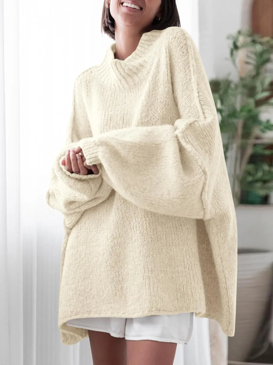 Saodimallsu Womens Oversized Sweaters Mock Neck Batwing Long Sleeve 2024 Fall Trendy Ribbed Knit Casual Tunic Sweater