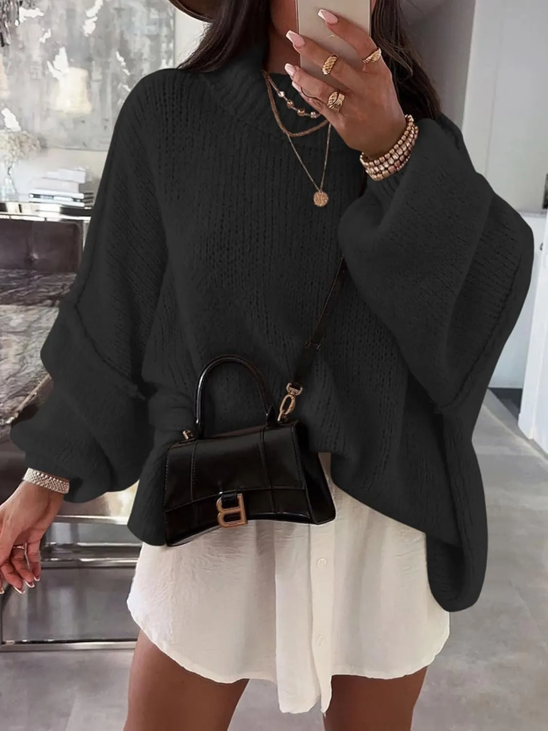 Saodimallsu Womens Oversized Sweaters Mock Neck Batwing Long Sleeve 2024 Fall Trendy Ribbed Knit Casual Tunic Sweater