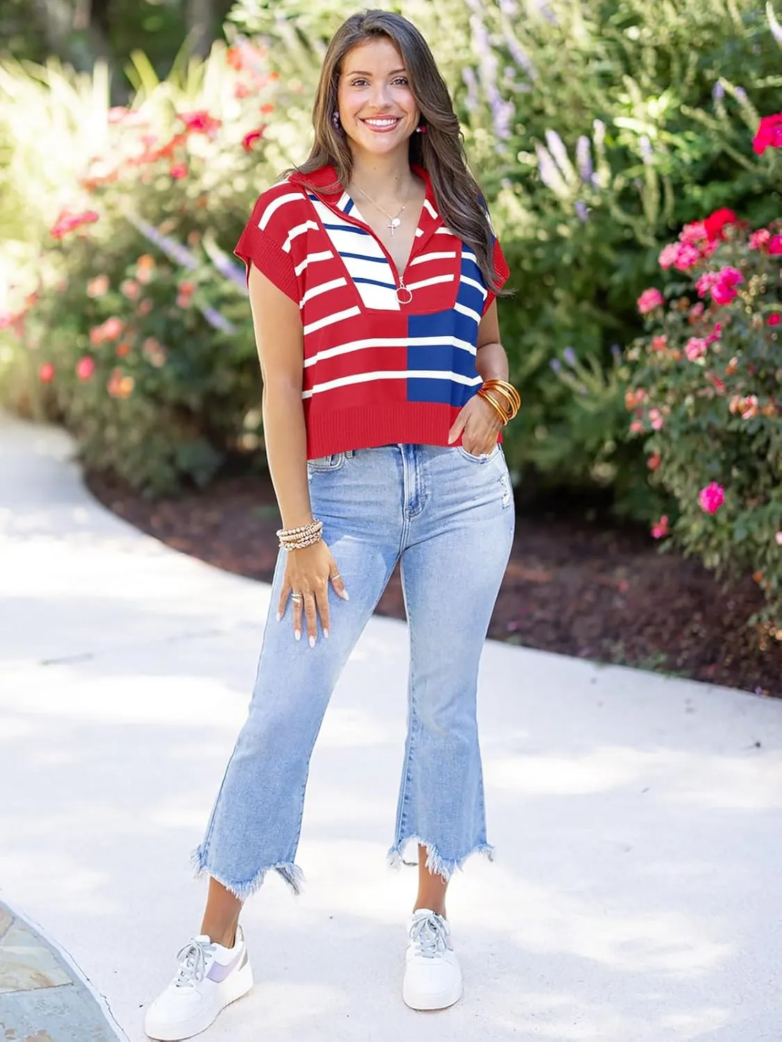Saodimallsu Womens Sweaters Summer Short Sleeve Shirts 2025 Zip Up Color Block Knit Striped Cropped Tops