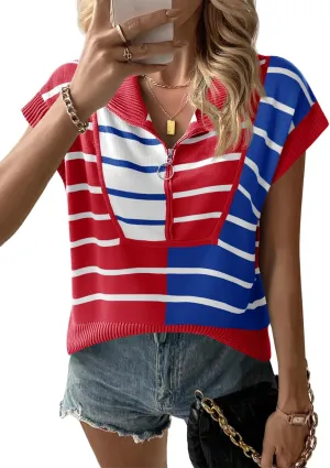 Saodimallsu Womens Sweaters Summer Short Sleeve Shirts 2025 Zip Up Color Block Knit Striped Cropped Tops