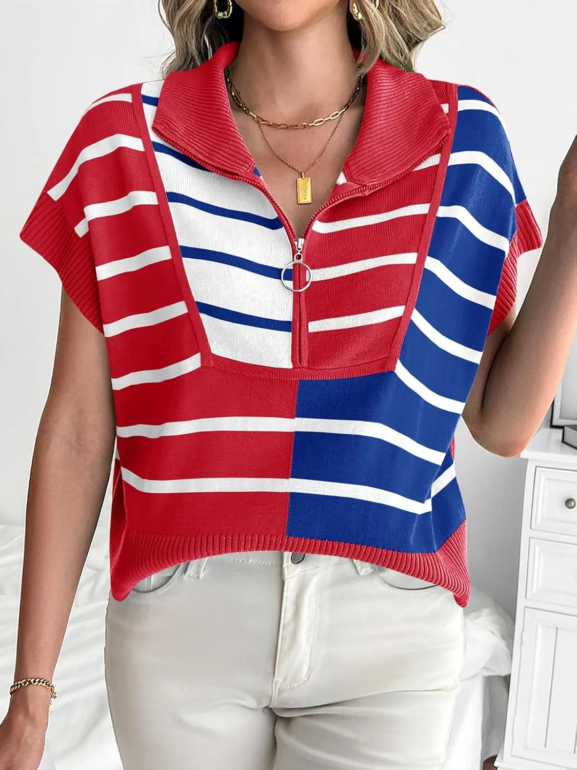 Saodimallsu Womens Sweaters Summer Short Sleeve Shirts 2025 Zip Up Color Block Knit Striped Cropped Tops