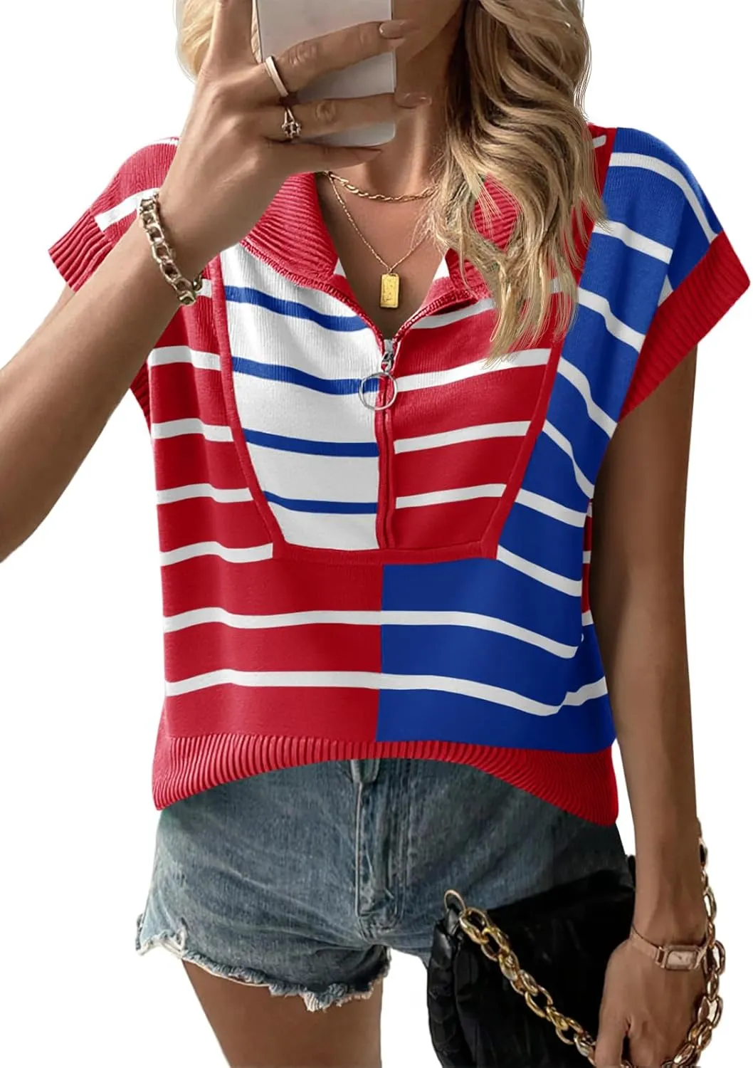 Saodimallsu Womens Sweaters Summer Short Sleeve Shirts 2025 Zip Up Color Block Knit Striped Cropped Tops