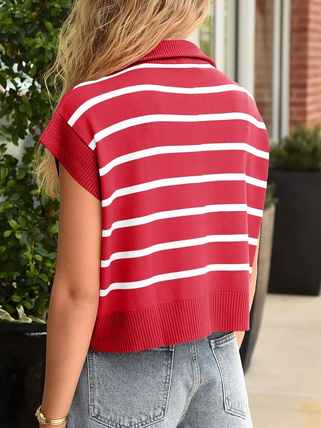 Saodimallsu Womens Sweaters Summer Short Sleeve Shirts 2025 Zip Up Color Block Knit Striped Cropped Tops