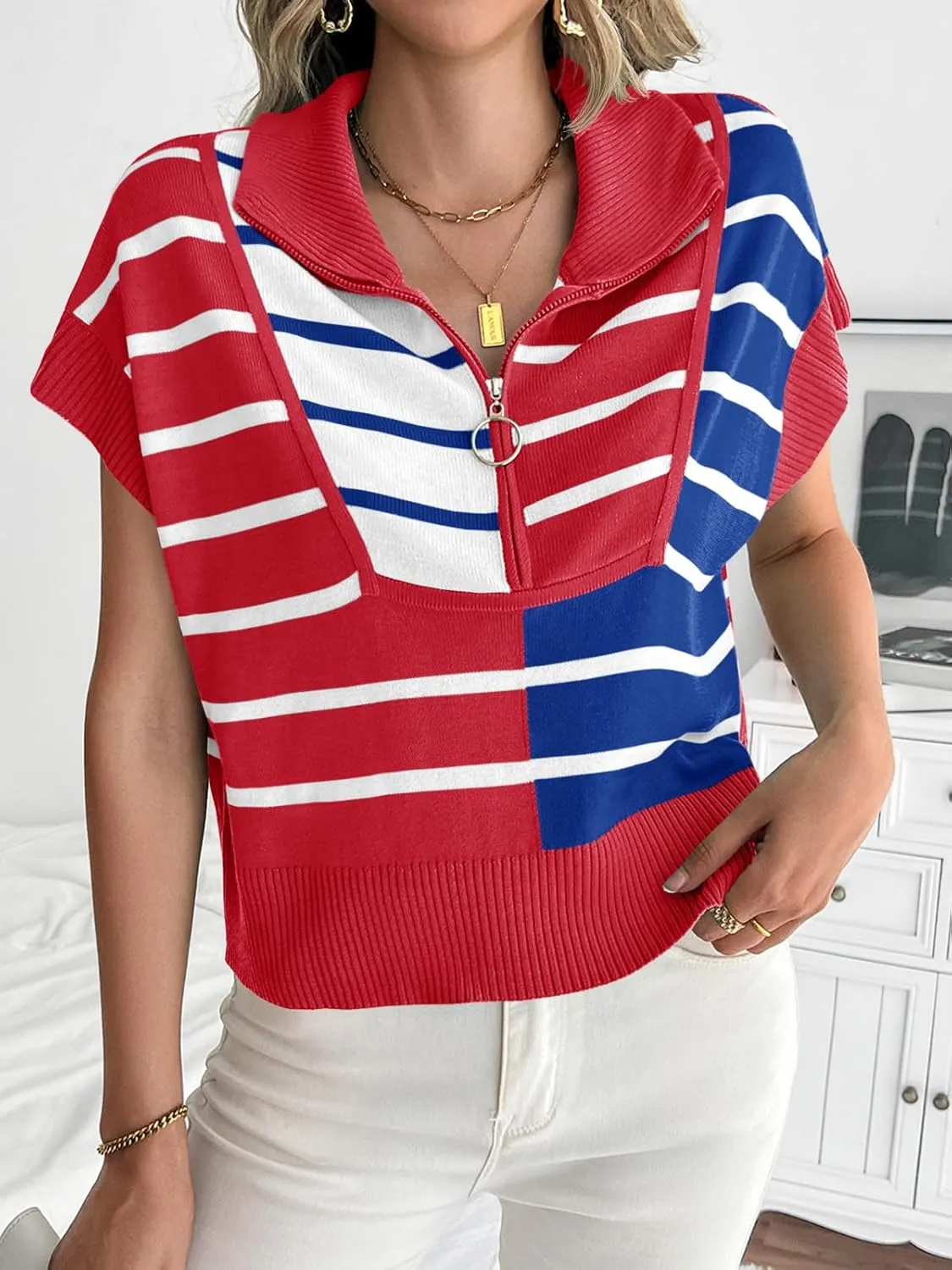 Saodimallsu Womens Sweaters Summer Short Sleeve Shirts 2025 Zip Up Color Block Knit Striped Cropped Tops