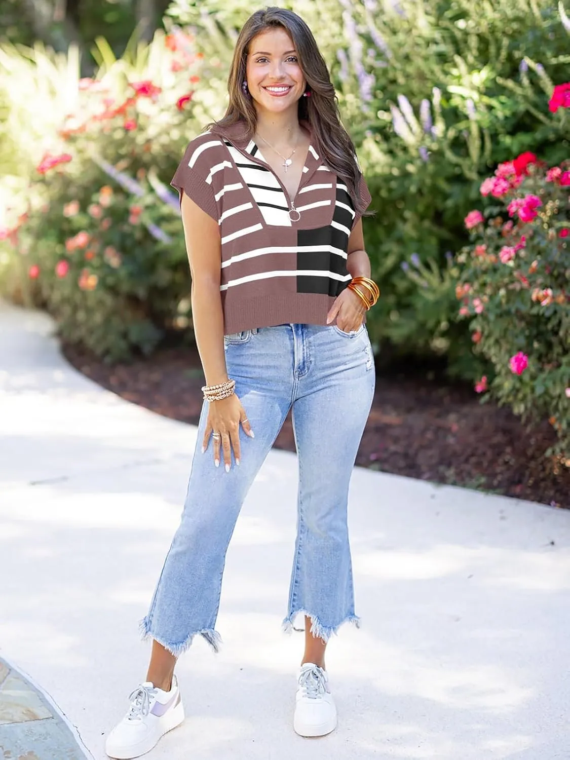 Saodimallsu Womens Sweaters Summer Short Sleeve Shirts 2025 Zip Up Color Block Knit Striped Cropped Tops