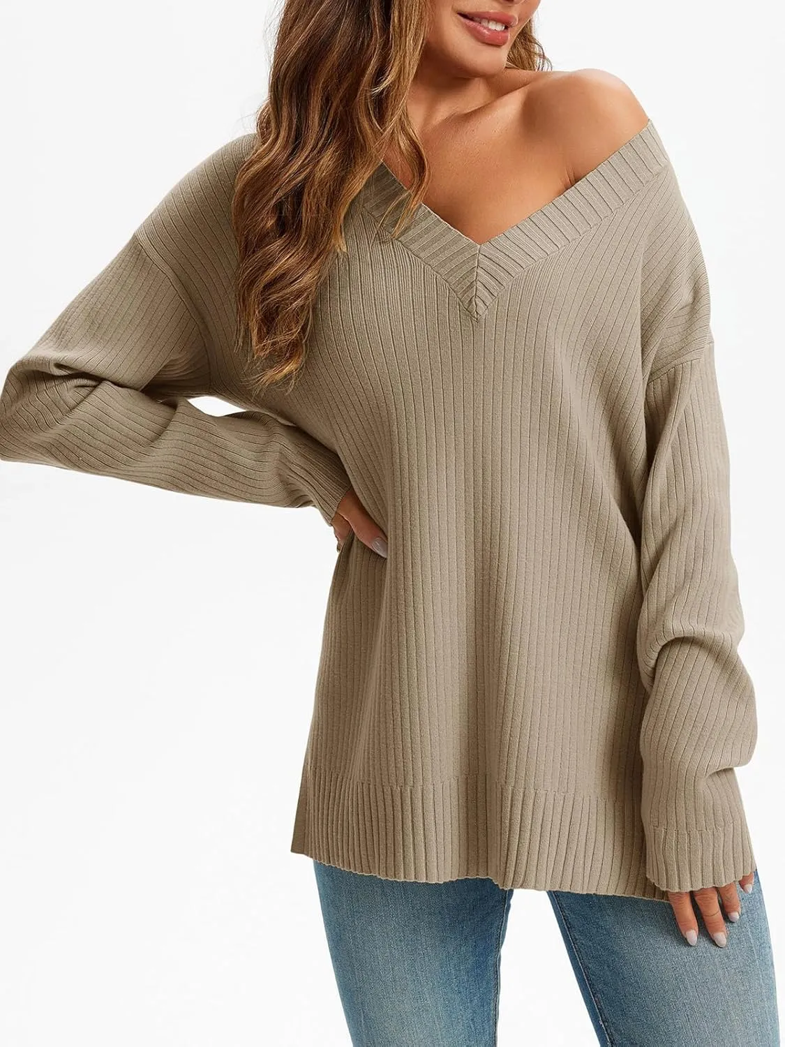 Saodimallsu Womens V Neck Sweater 2024 Fall Oversized Ribbed Knit Trendy Slit Casual Loose Fit Long Sleeve Pullover Top