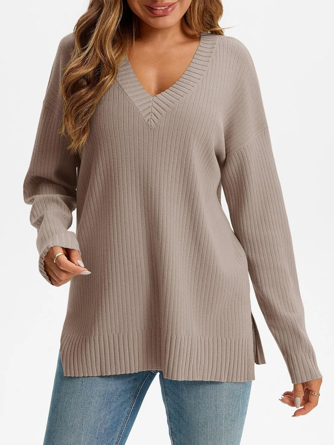Saodimallsu Womens V Neck Sweater 2024 Fall Oversized Ribbed Knit Trendy Slit Casual Loose Fit Long Sleeve Pullover Top