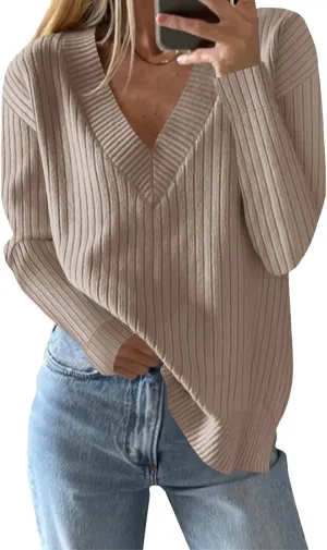 Saodimallsu Womens V Neck Sweater 2024 Fall Oversized Ribbed Knit Trendy Slit Casual Loose Fit Long Sleeve Pullover Top