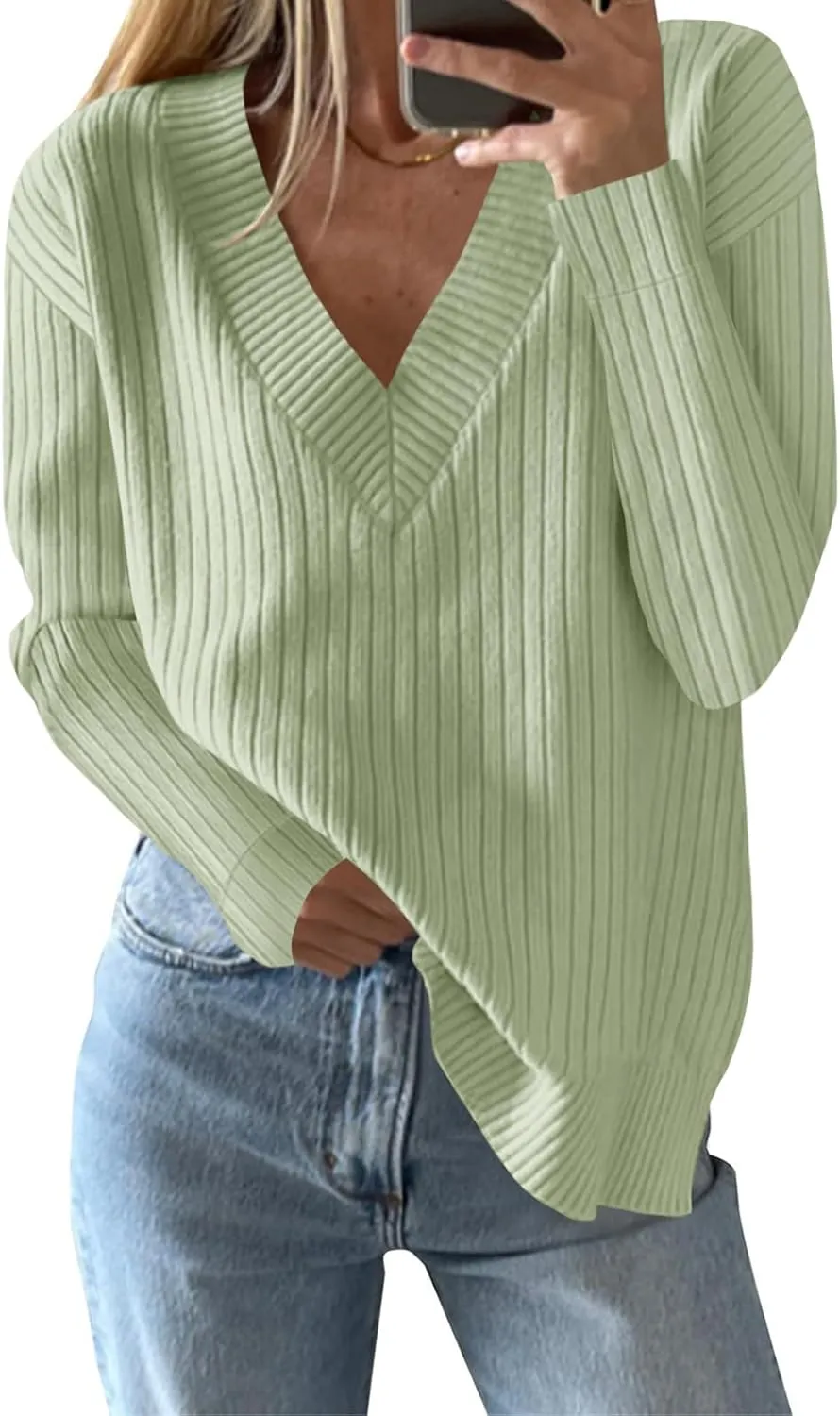 Saodimallsu Womens V Neck Sweater 2024 Fall Oversized Ribbed Knit Trendy Slit Casual Loose Fit Long Sleeve Pullover Top