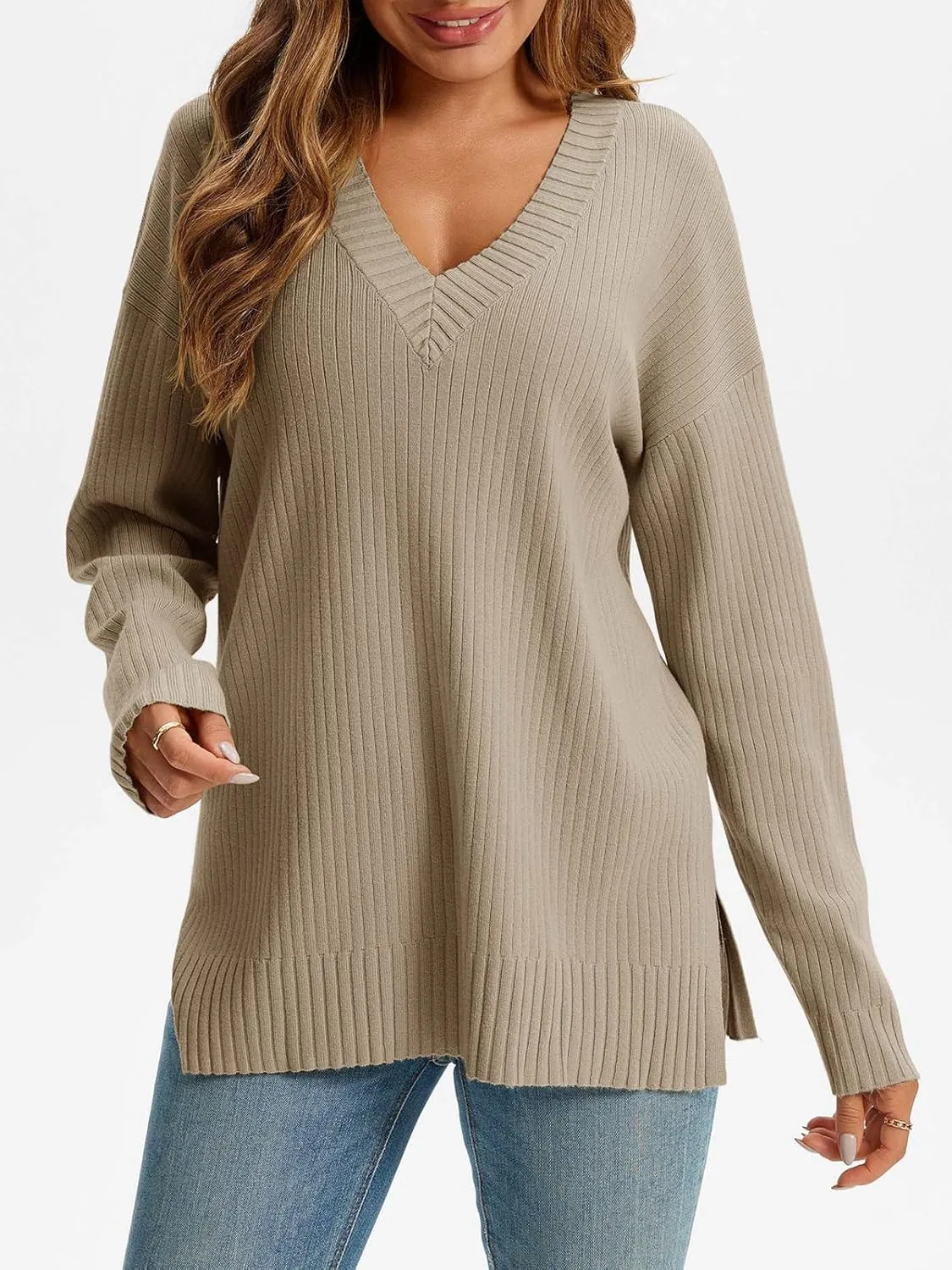 Saodimallsu Womens V Neck Sweater 2024 Fall Oversized Ribbed Knit Trendy Slit Casual Loose Fit Long Sleeve Pullover Top