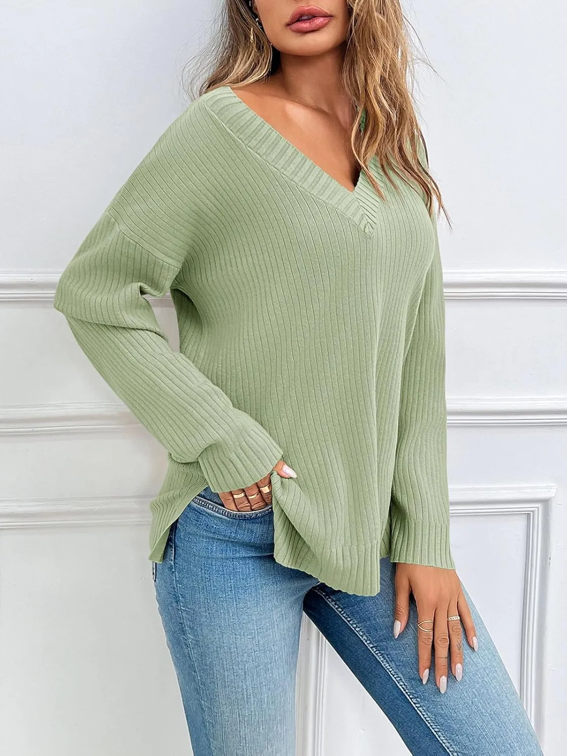 Saodimallsu Womens V Neck Sweater 2024 Fall Oversized Ribbed Knit Trendy Slit Casual Loose Fit Long Sleeve Pullover Top