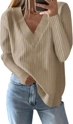 Saodimallsu Womens V Neck Sweater 2024 Fall Oversized Ribbed Knit Trendy Slit Casual Loose Fit Long Sleeve Pullover Top