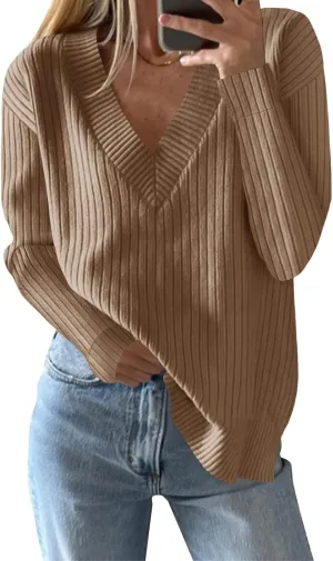 Saodimallsu Womens V Neck Sweater 2024 Fall Oversized Ribbed Knit Trendy Slit Casual Loose Fit Long Sleeve Pullover Top