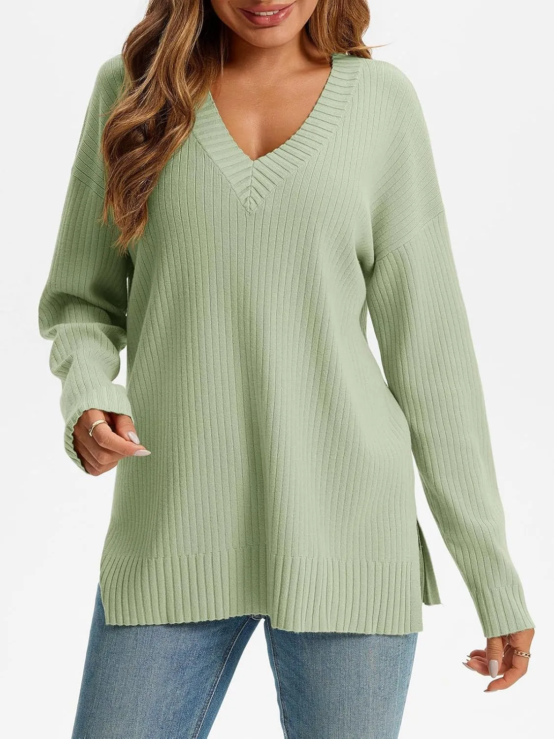 Saodimallsu Womens V Neck Sweater 2024 Fall Oversized Ribbed Knit Trendy Slit Casual Loose Fit Long Sleeve Pullover Top