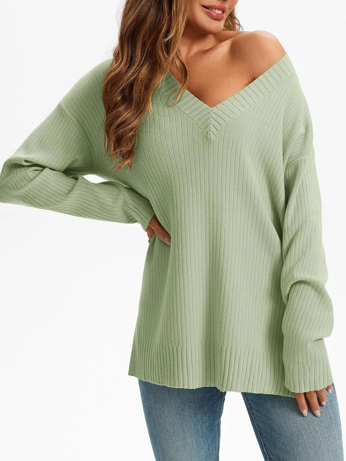 Saodimallsu Womens V Neck Sweater 2024 Fall Oversized Ribbed Knit Trendy Slit Casual Loose Fit Long Sleeve Pullover Top