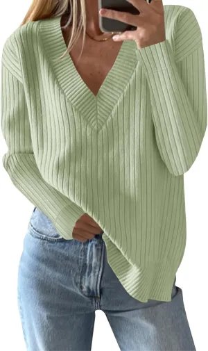 Saodimallsu Womens V Neck Sweater 2024 Fall Oversized Ribbed Knit Trendy Slit Casual Loose Fit Long Sleeve Pullover Top
