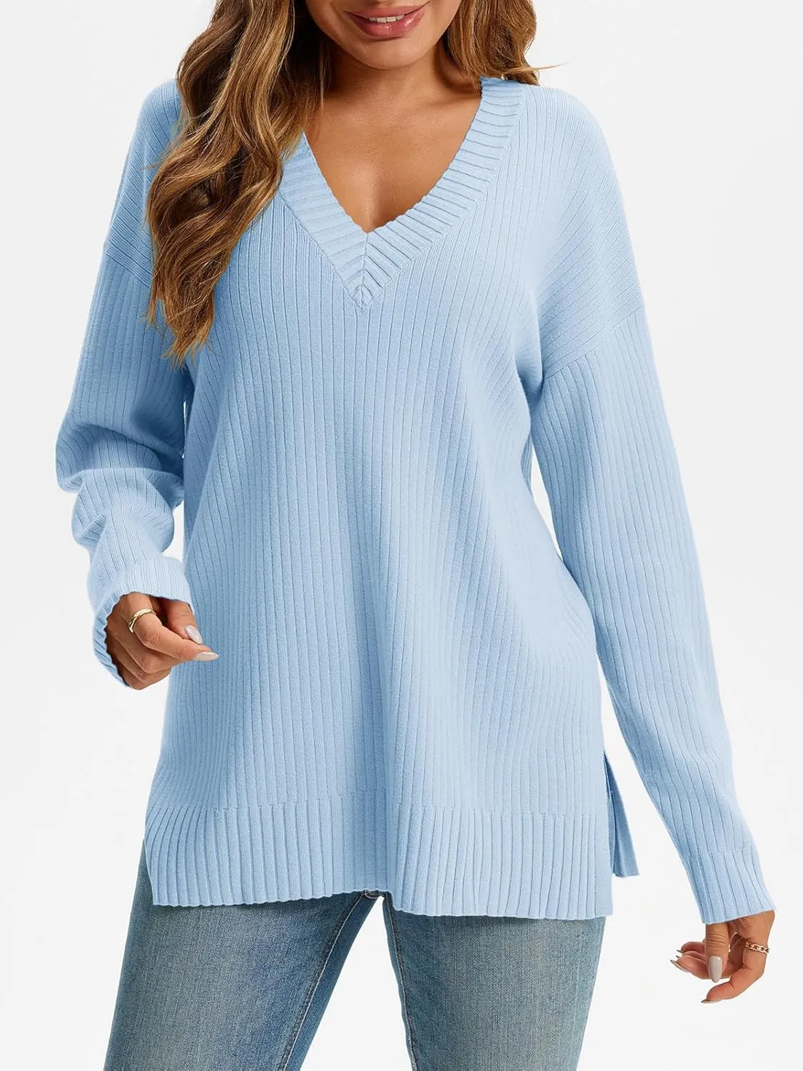 Saodimallsu Womens V Neck Sweater 2024 Fall Oversized Ribbed Knit Trendy Slit Casual Loose Fit Long Sleeve Pullover Top