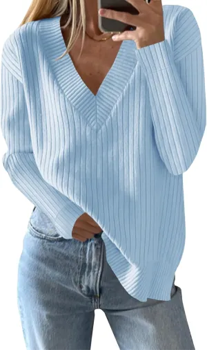 Saodimallsu Womens V Neck Sweater 2024 Fall Oversized Ribbed Knit Trendy Slit Casual Loose Fit Long Sleeve Pullover Top