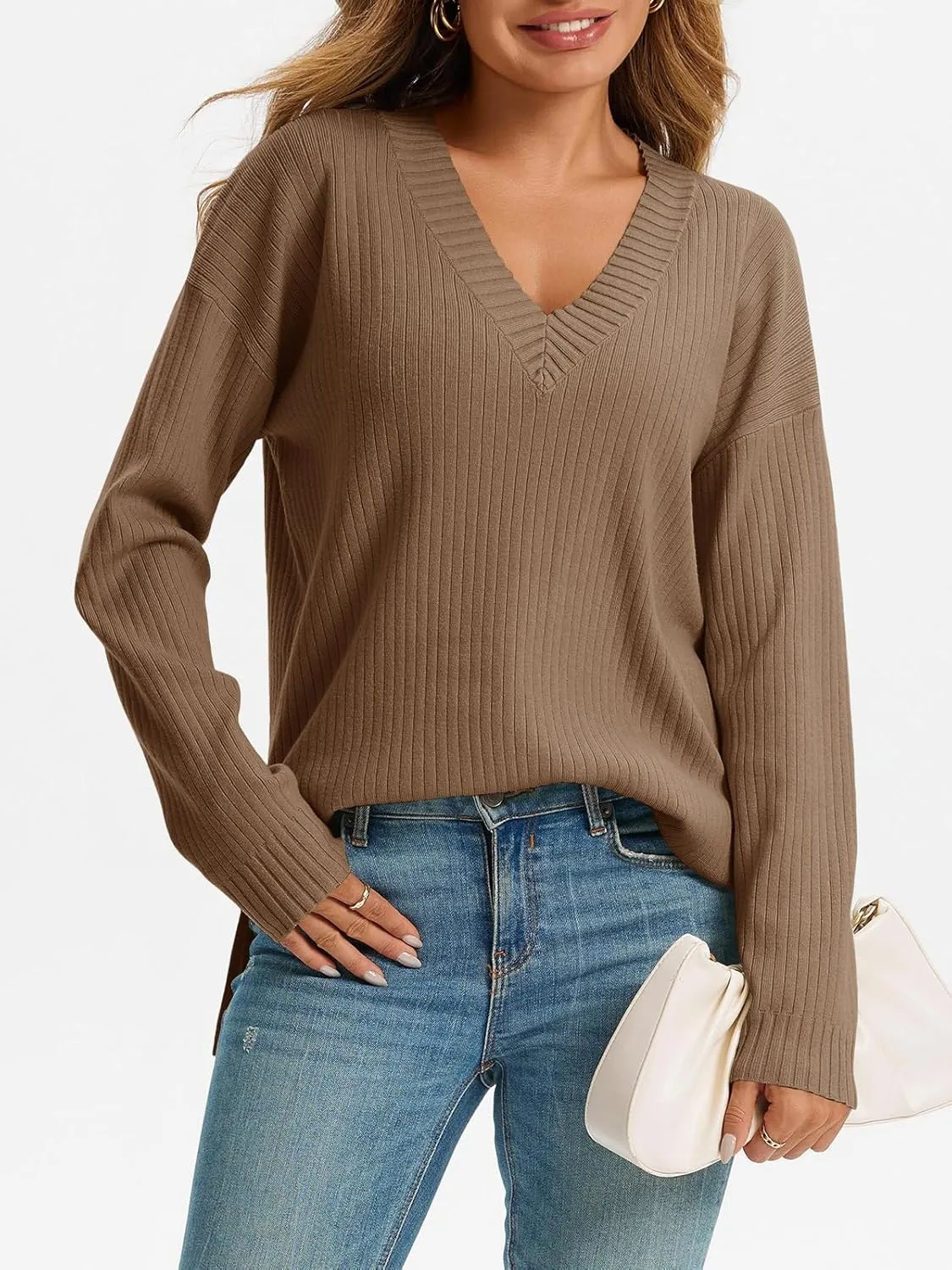 Saodimallsu Womens V Neck Sweater 2024 Fall Oversized Ribbed Knit Trendy Slit Casual Loose Fit Long Sleeve Pullover Top