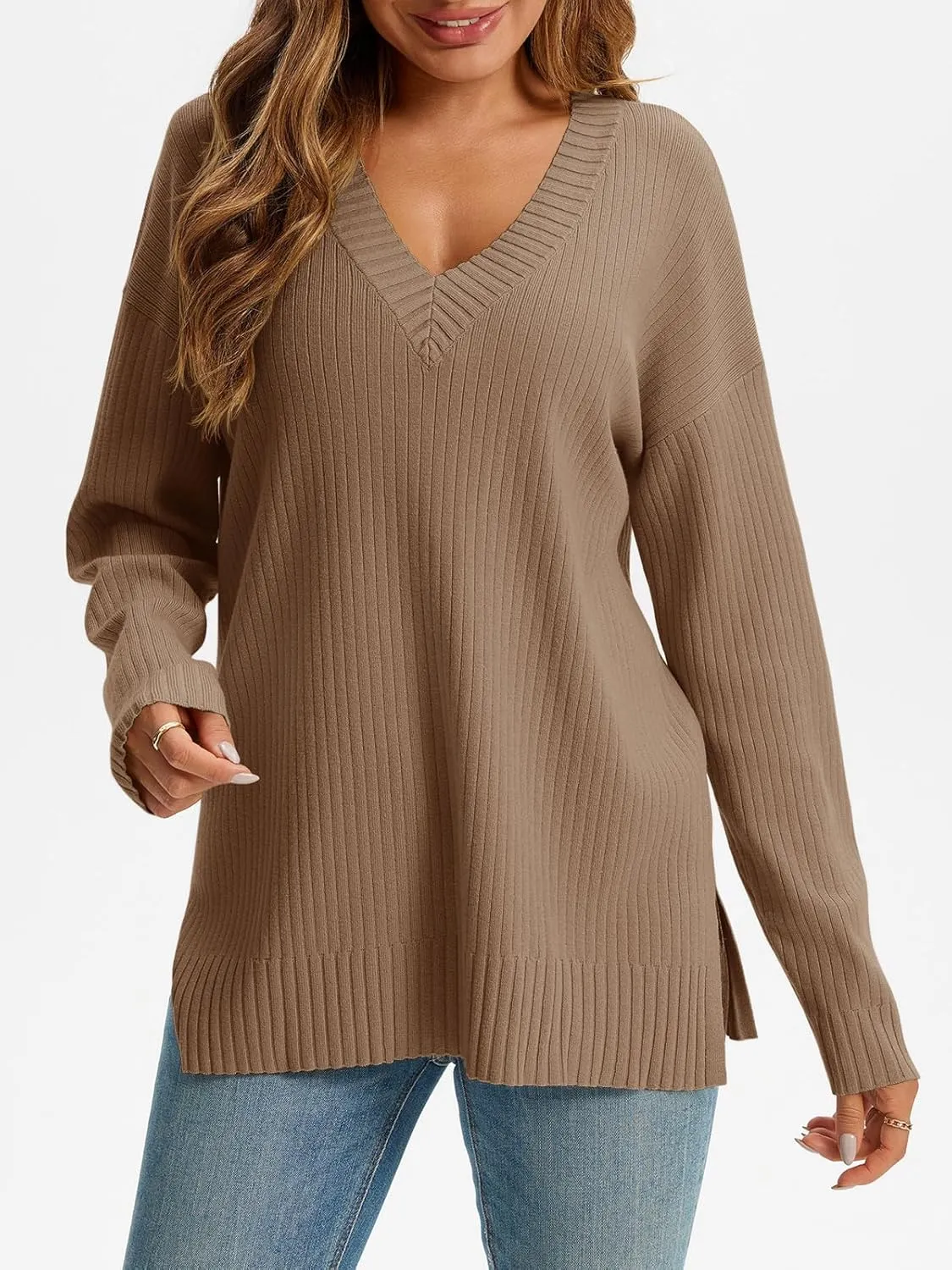 Saodimallsu Womens V Neck Sweater 2024 Fall Oversized Ribbed Knit Trendy Slit Casual Loose Fit Long Sleeve Pullover Top