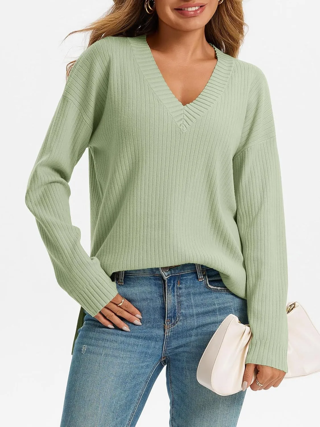 Saodimallsu Womens V Neck Sweater 2024 Fall Oversized Ribbed Knit Trendy Slit Casual Loose Fit Long Sleeve Pullover Top
